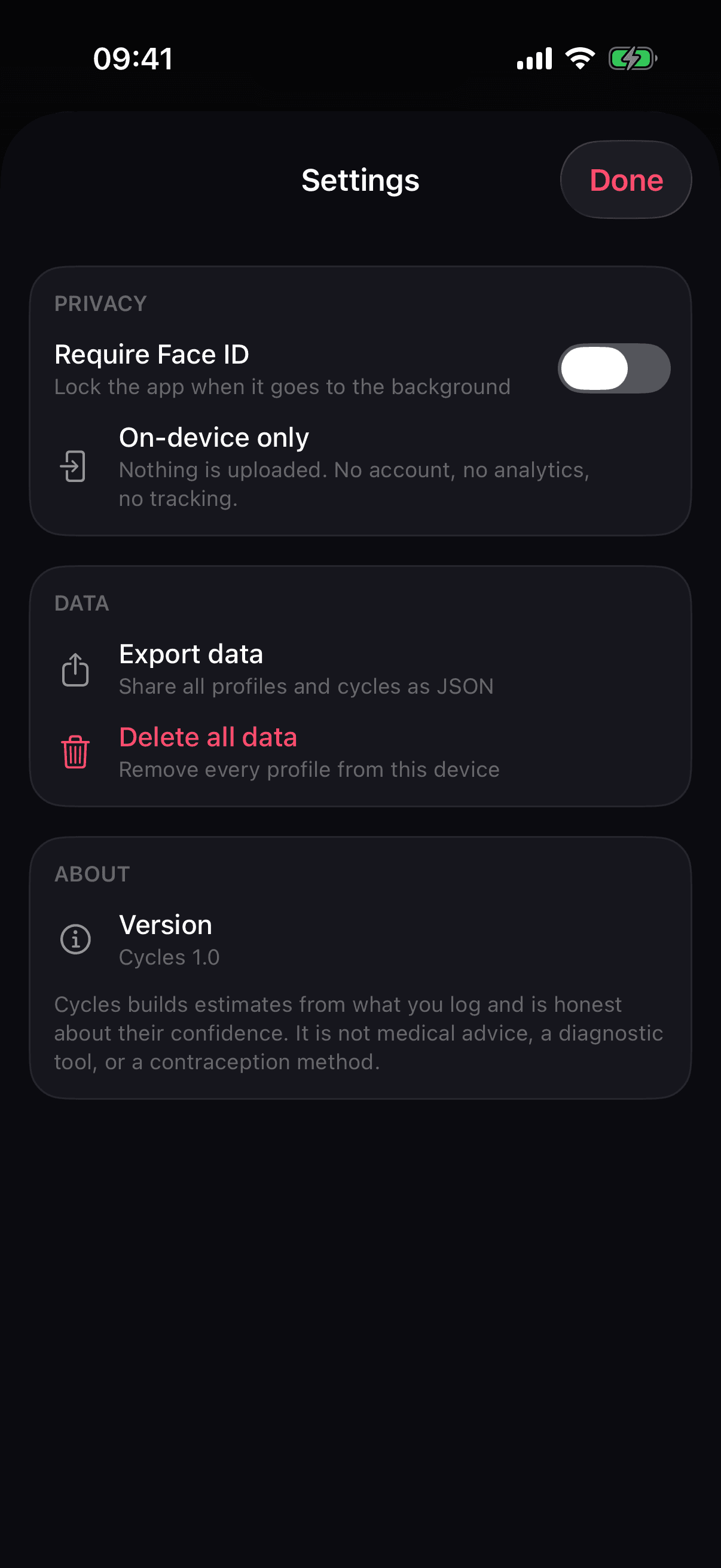 Cycles settings showing Face ID, on-device storage, export, and deletion controls