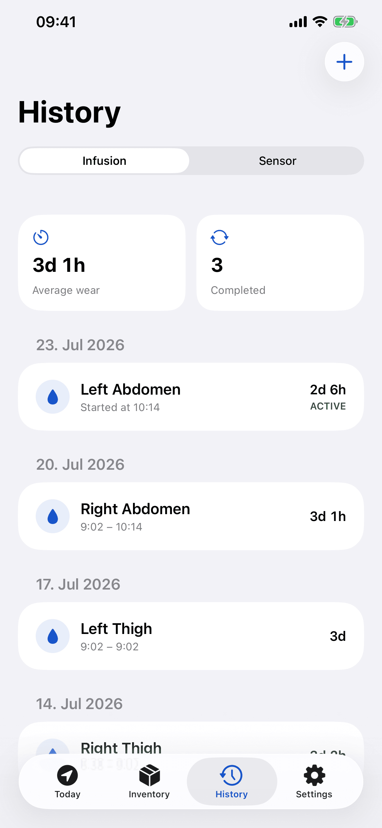 History screen with completed sessions and average wear statistics