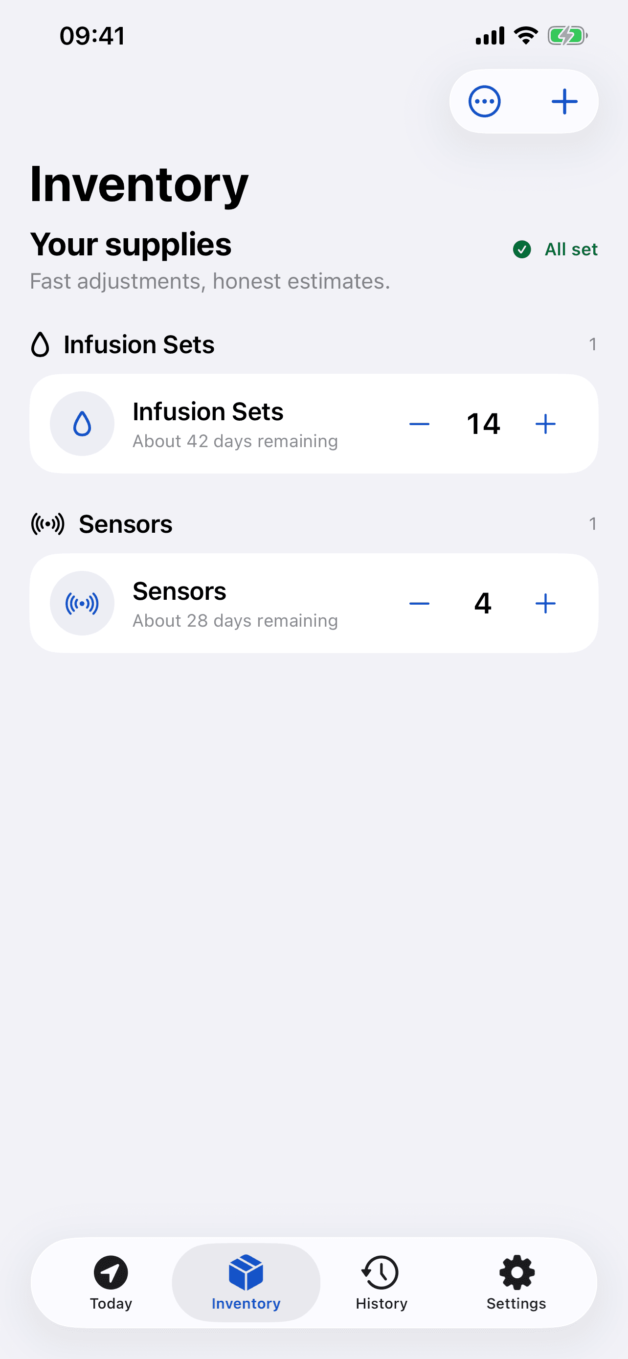 Next Site Inventory screen showing 14 infusion sets and 4 sensors with estimated days remaining