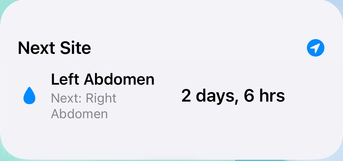 Wear Time widget with the current infusion site, next site, and elapsed time