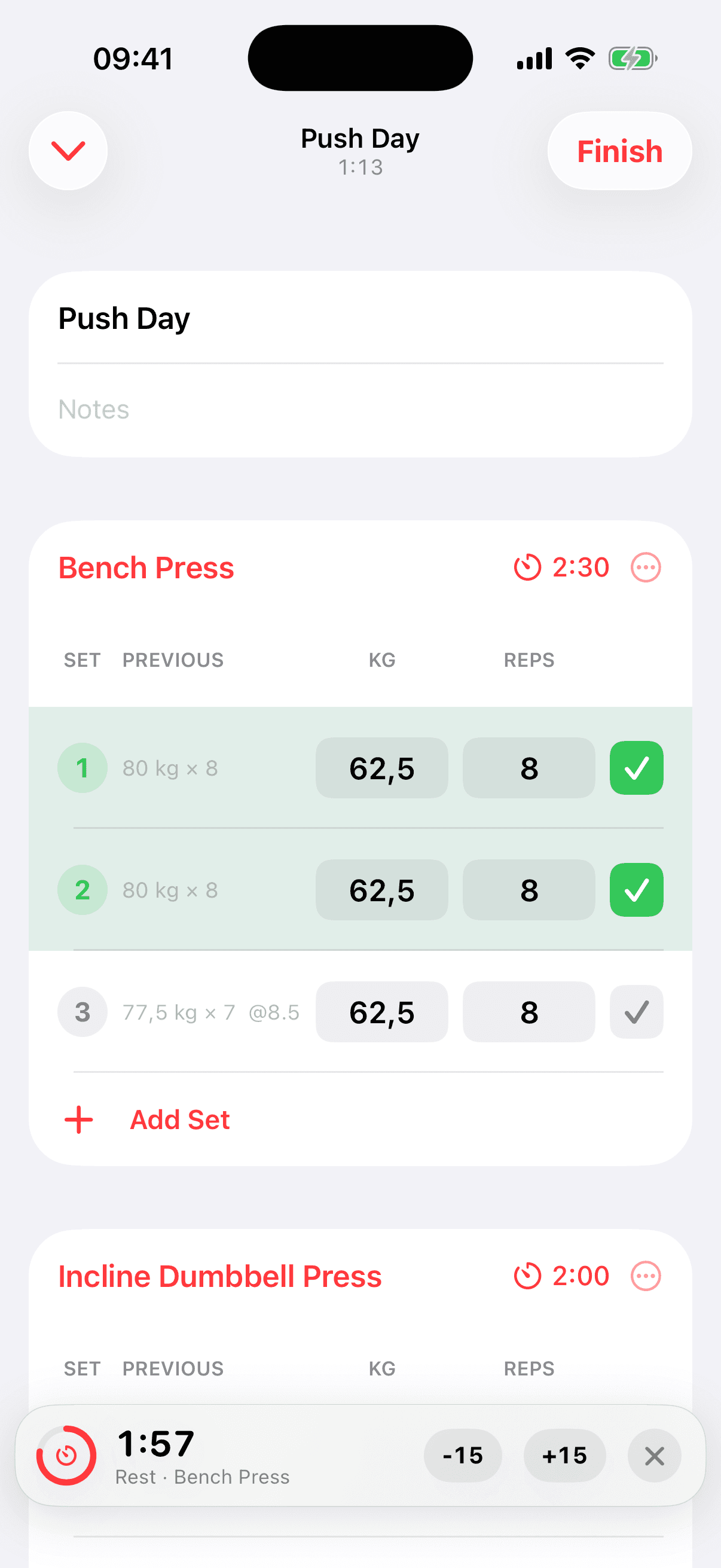 An active Push Day workout with previous set values, completed sets, and a running rest timer