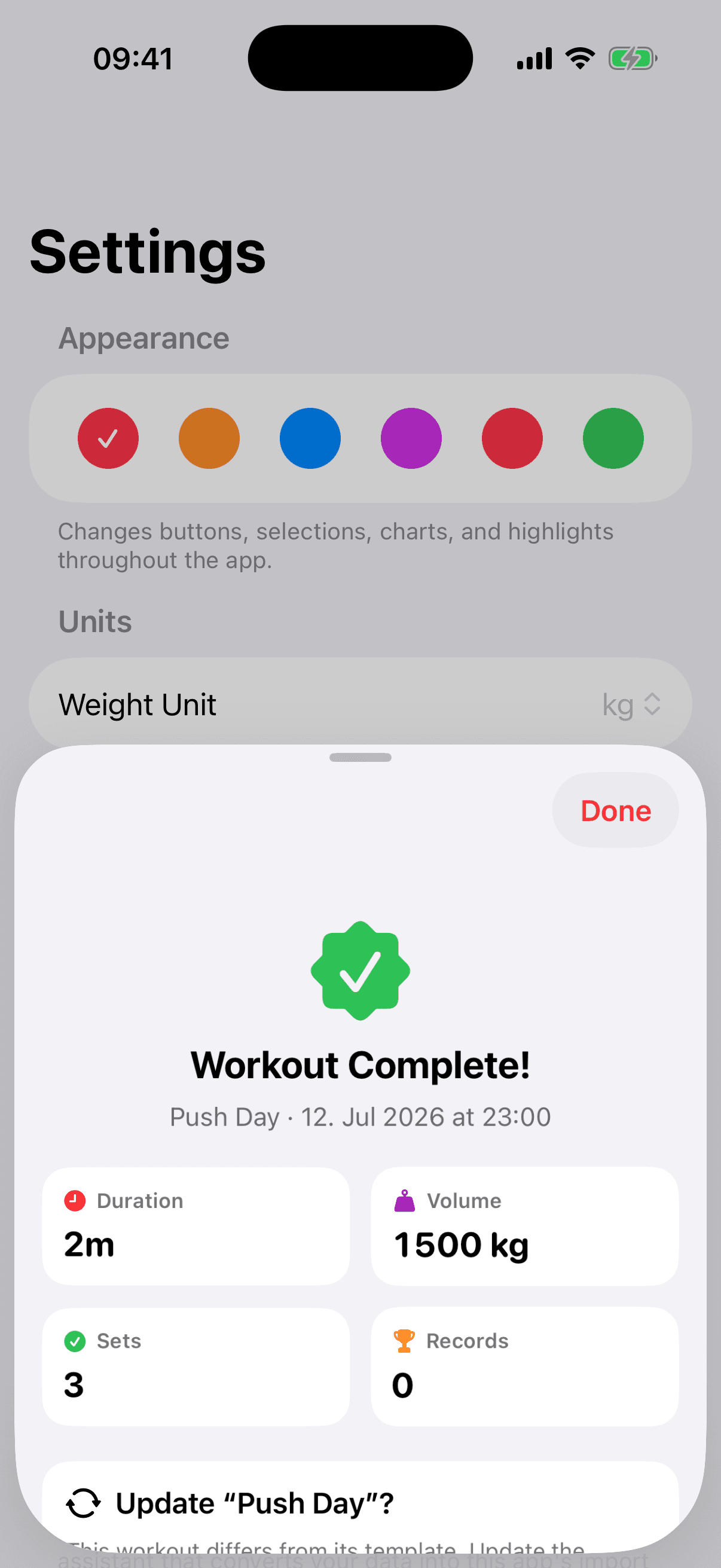 Workout completion summary with duration, volume, sets, and records