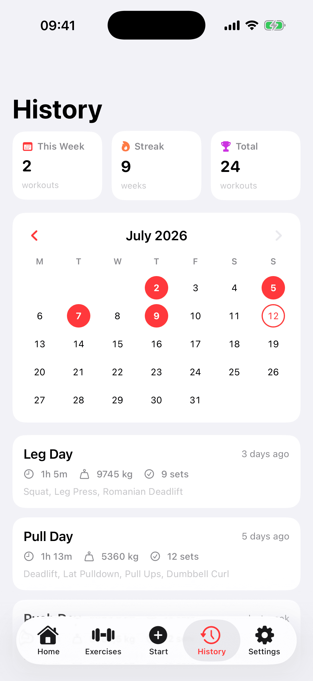 Workout history with weekly totals, a calendar, and recent sessions