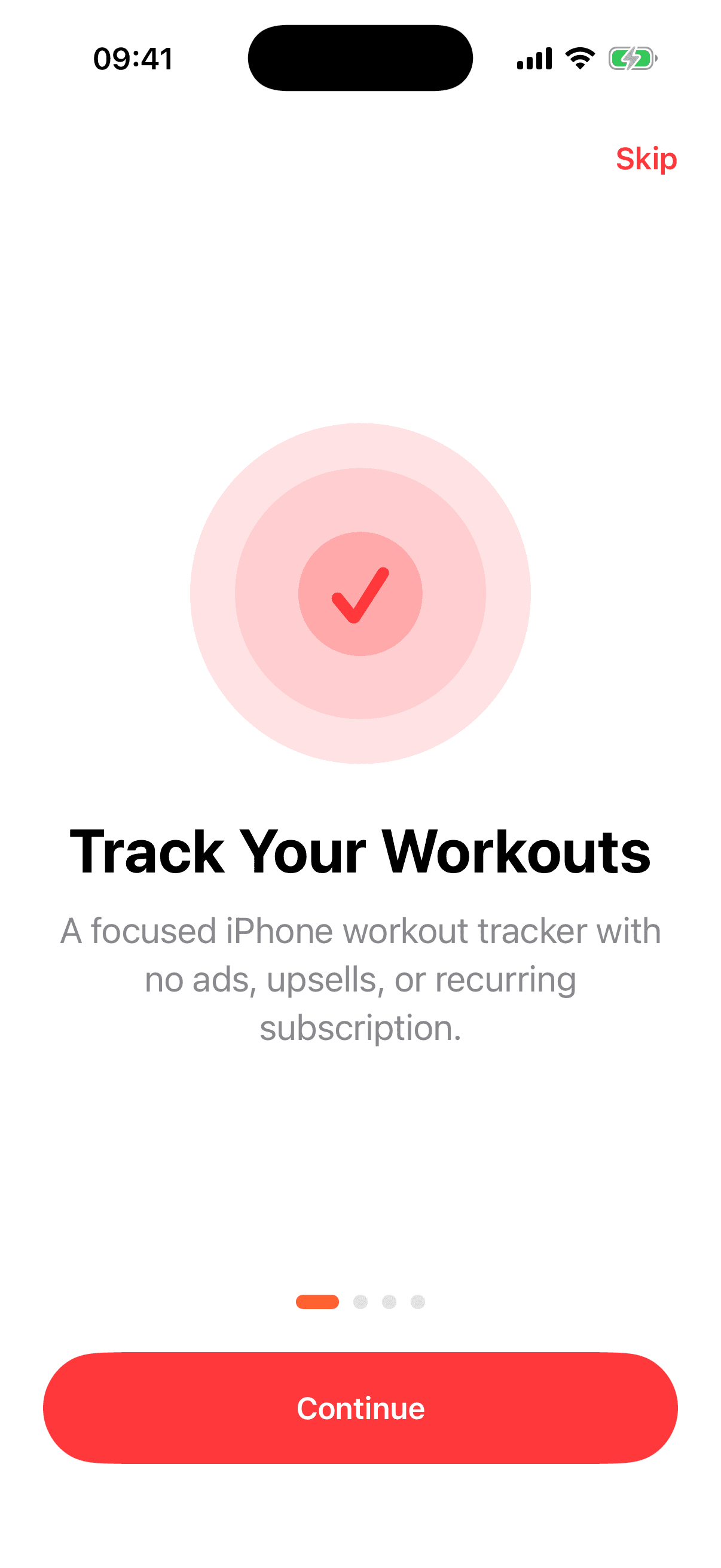 Gym Tracker onboarding stating that the iPhone workout tracker has no ads, upsells, or recurring subscription