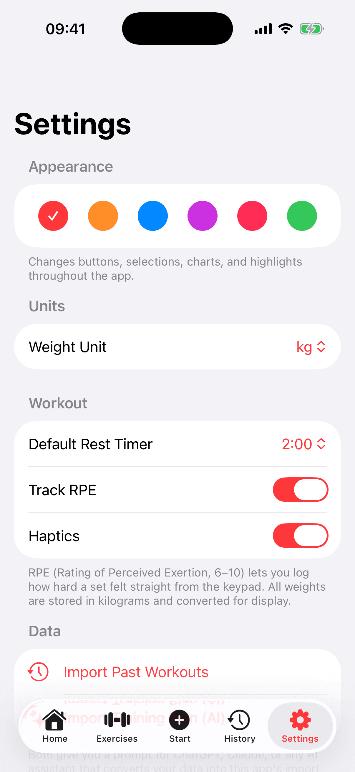 Settings screen showing accent colors, weight units, rest timer, RPE, haptics, and data imports